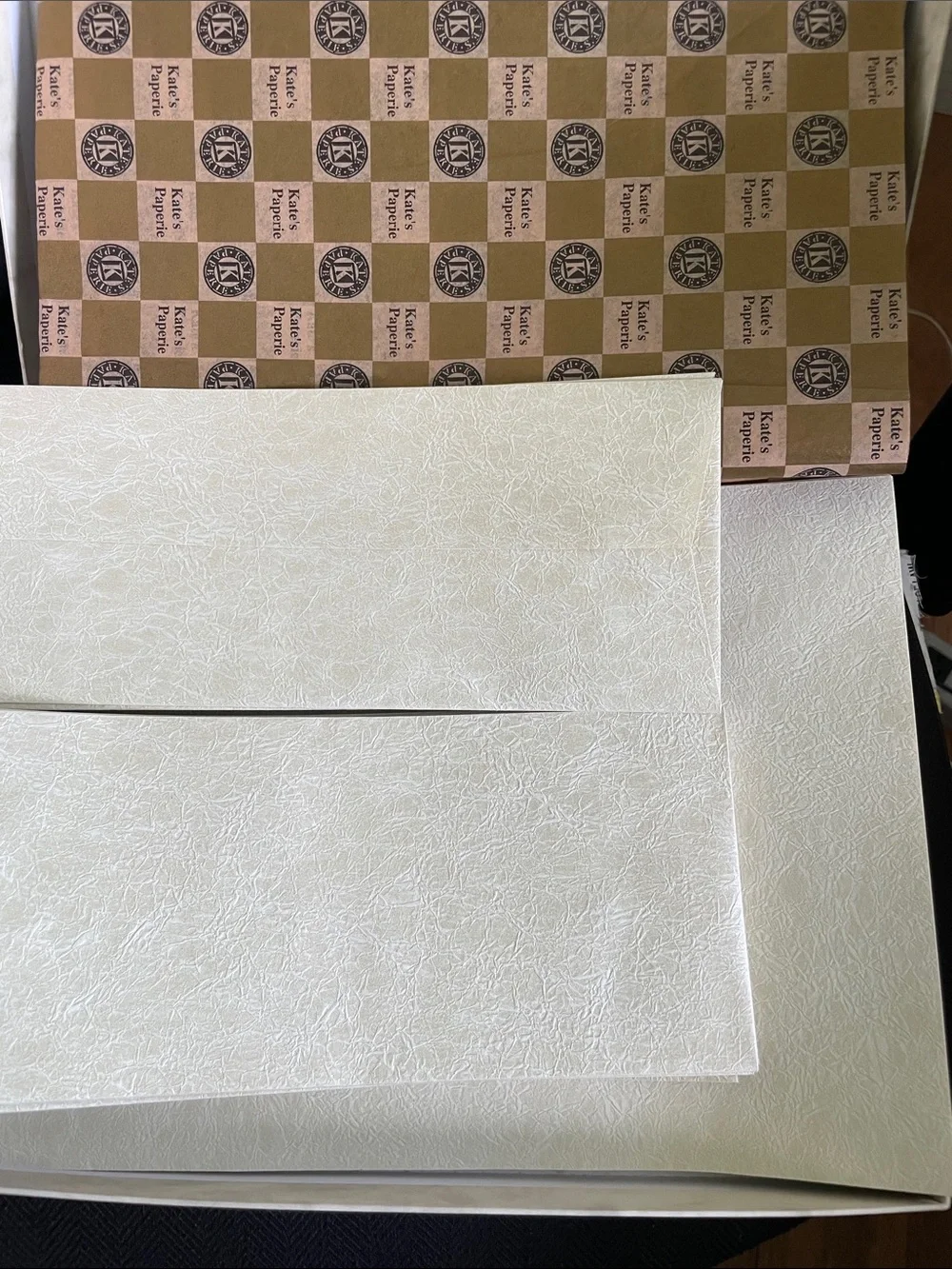 Stationary.Handmade paper Kate’s Paperie Ivory Textured paper/envelopes 18/18.